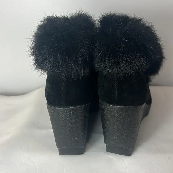 Coach Kataya Wedge Ankle Boots Booties in Black Suede with Black Rabbit Fur Trim - Picture 7 of 17